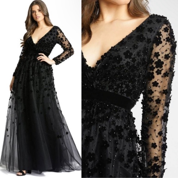 NWT Mac Duggal 67502 Floral Appliqué V-Neck Evening Gown Size 4 Black $798 - Picture 3 of 16